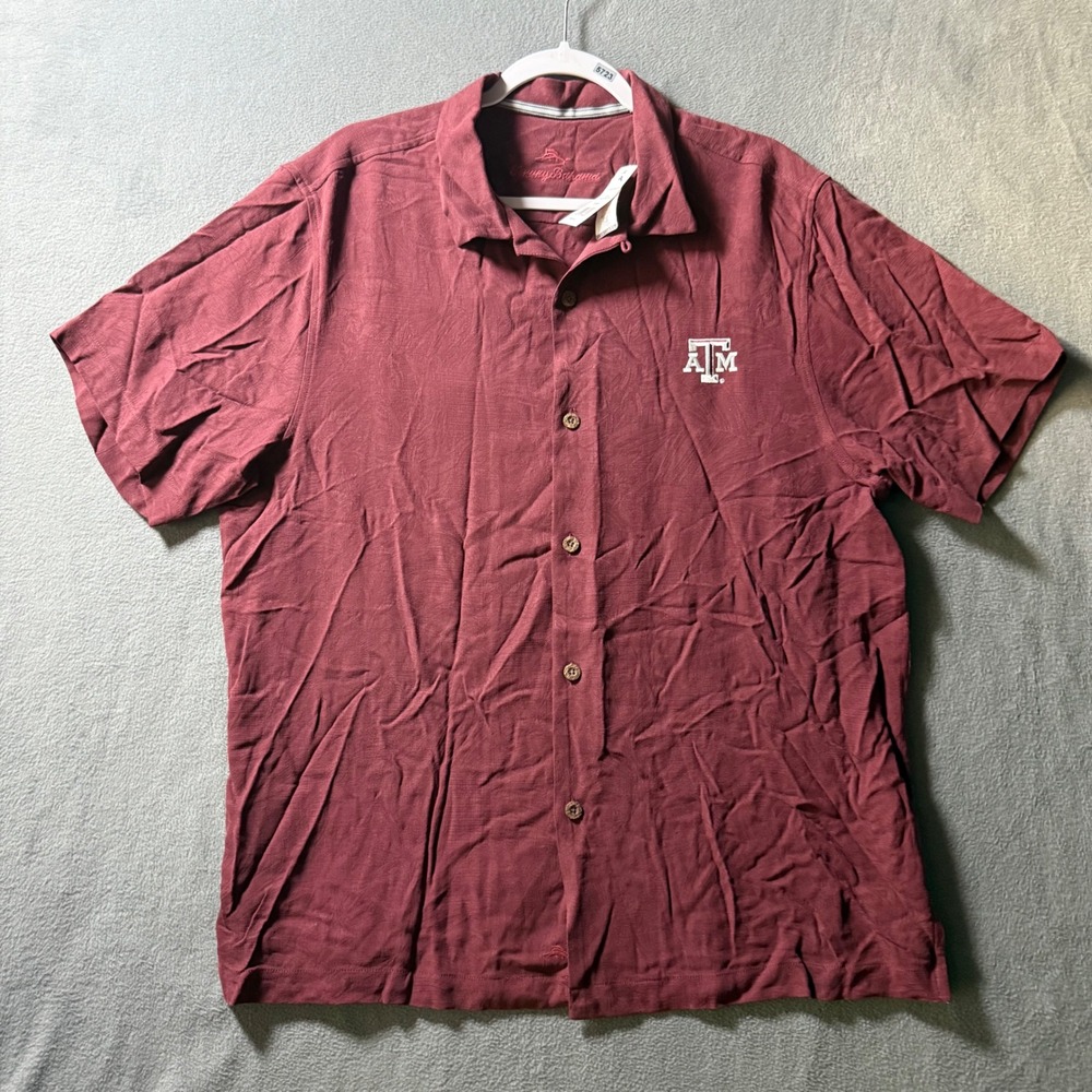 Tommy Bahama Texas A&M Maroon Silk Short Sleeve Button Down Shirt Mens L NEW